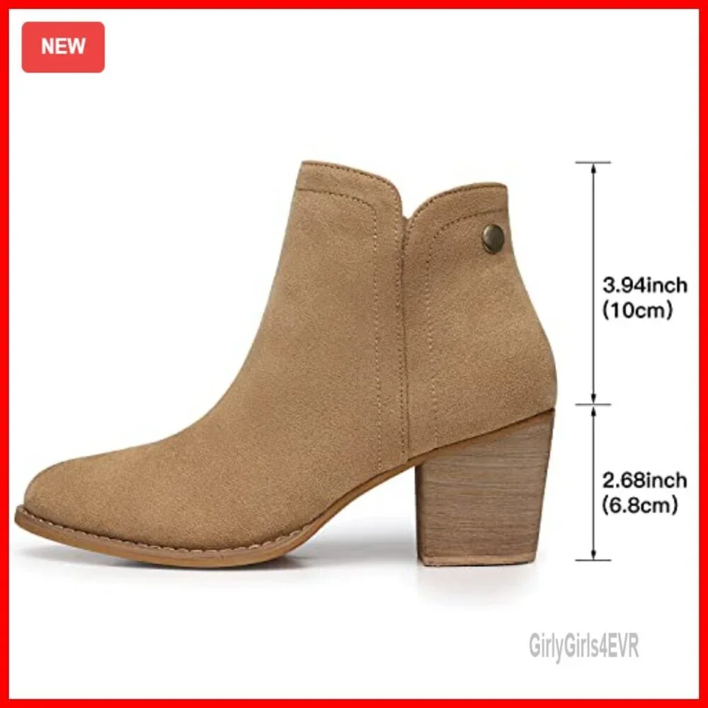 Faux Suede Ankle Booties with Chunky Low Heel Almond Toe Zipper Closure - Picture 5 of 7